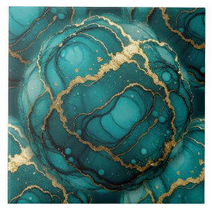 Turquoise Blauwe en Gouden Alcohol Inkt Tegeltje