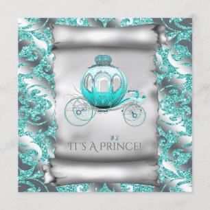 Turquoise Blauwe en Zilveren Prins Baby Shower Kaart