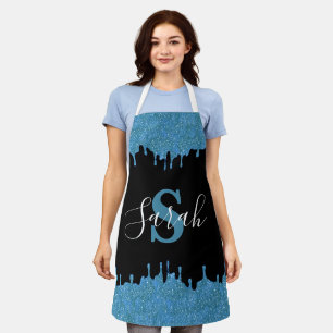 Turquoise Blauwe en Zwarte Monogram Glitter Druppe Schort