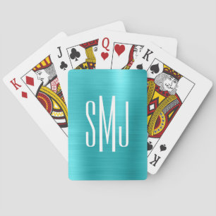 Turquoise Blauwe Folie Drieletter Monogram Pokerkaarten