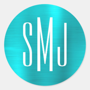 Turquoise Blauwe Folie Drieletter Monogram Ronde Sticker