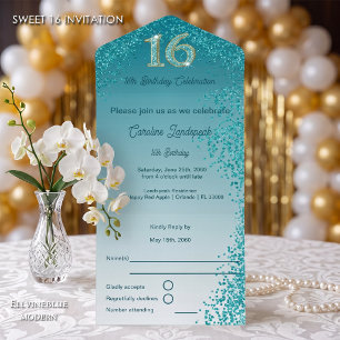 Turquoise Blauwe Glitter Calligrafie Nummer Sweet  All In One Uitnodiging