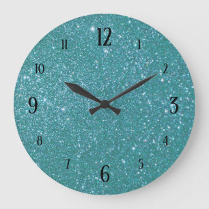Turquoise Blauwe Glitter Glam met Zwarte Cijfers Grote Klok