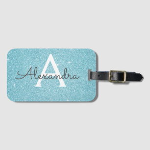 Turquoise Blauwe Glitter Monogram Naam Bagagelabel