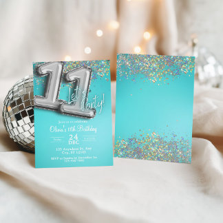 Turquoise blauwe glitters 11de uitnodiging