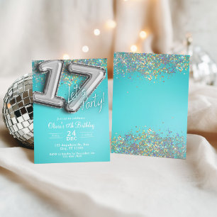 Turquoise blauwe glitters 17e uitnodiging