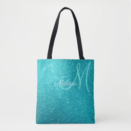 Turquoise Blauwe Glitters & Glitters Met Monogram Draagtas (Voorkant)