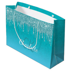 Turquoise blauwe glittersluiers monogram glans sch groot cadeauzakje