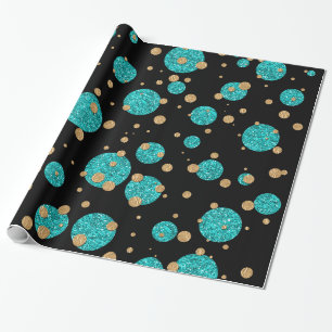 Turquoise Blauwe Gouden Confetti Stip Cadeaupapier