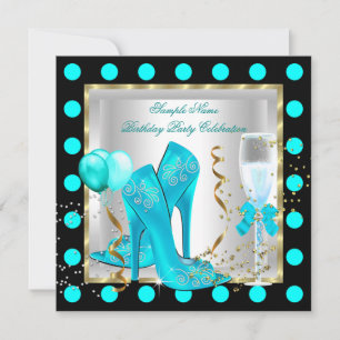 Turquoise Blauwe Gouden Glitter Witte Stip Verjaar Kaart