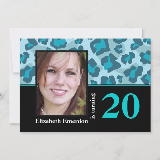 Turquoise blauwe luipaard print 20e verjaardag fot kaart (Voorkant)