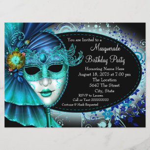 Turquoise Blauwe Middernacht Masquerade Feest Kaart