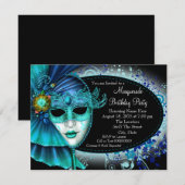 Turquoise Blauwe Middernacht Masquerade Feest Kaart (Voorkant / Achterkant)