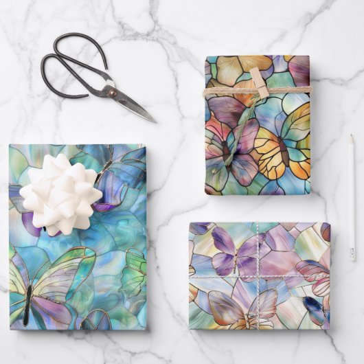 Turquoise Blauwe Paarse Vlinders Inpakpapier Vel (Voorkant)