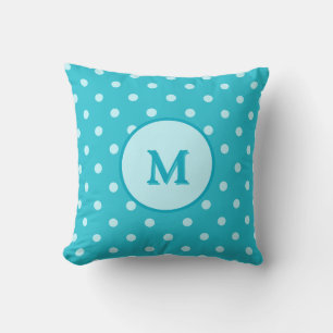 turquoise blauwe polka dots patroon monogram kussen