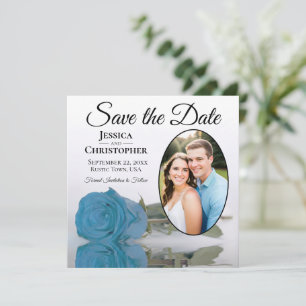 Turquoise Blauwe Roos op Witte Ovale Foto Trouwfot Save The Date