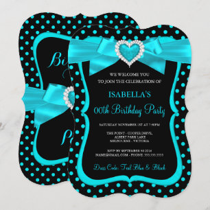 Turquoise Blauwe Strik Zwarte Stippen Verjaardagsf Kaart