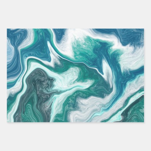 Turquoise Blauwe Teal Oceaan Wervelingen Inpakpapier Vel (Voorkant 2)