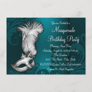 Turquoise Blauwe Veer Masker Maskerade Feest Kaart