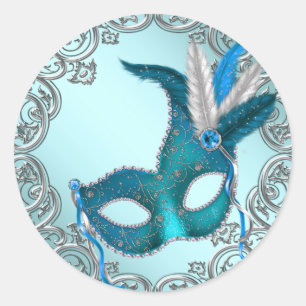 Turquoise Blauwe Zilveren Masker Maskerade Envelop Ronde Sticker
