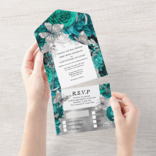 Turquoise blauwe zilveren vlinder glinstering glan all in one uitnodiging