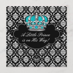 Turquoise Blauwe Zwarte Damast Prins Baby Shower Kaart
