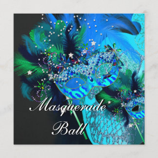 Turquoise Blauwe Zwarte Maskers Masquerade Bal Fee Kaart