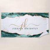 Turquoise Blauwgroen Agate Gold Glitter Monogram S Strandlaken (Voorkant)