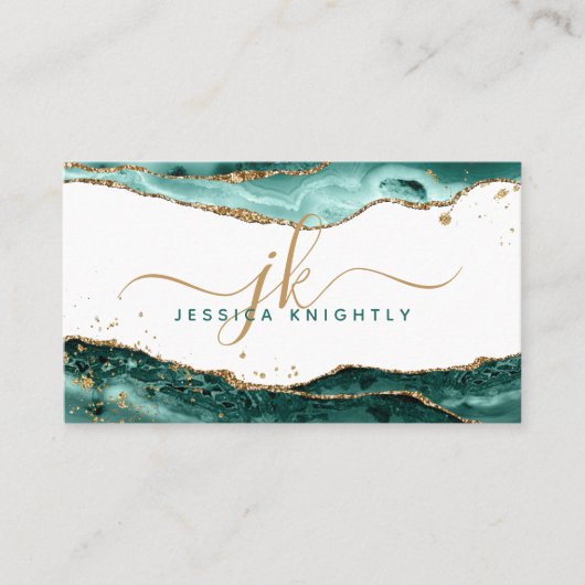 Turquoise Blauwgroen Agate Gold Glitter Monogram S Visitekaartje (Voorkant)