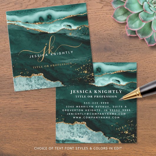 Turquoise Blauwgroen Agate Gold Glitter Script Mon Vierkante Visitekaartje