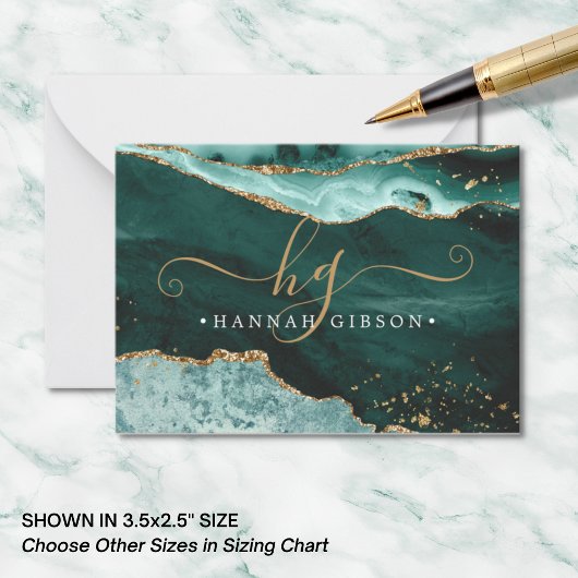 Turquoise Blauwgroen Agate Monogram Script Gold Gl Notitiekaartje