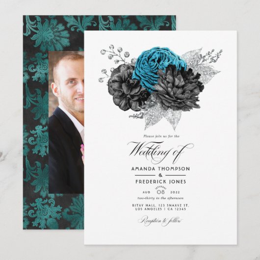  Turquoise - Blauwgroen Black en Silver Floral Kaart (Voorkant / Achterkant)