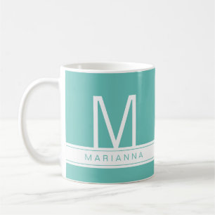 Turquoise Blauwgroen blauw modern monogram en naam Koffiemok