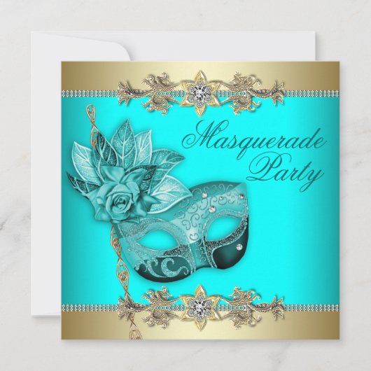 Turquoise Blauwgroen Blue Masquerade Party Invitat Kaart (Voorkant)