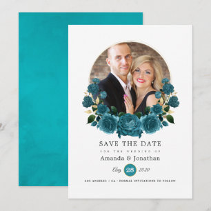 Turquoise - Blauwgroen en gouden Floral Weddenfoto Save The Date