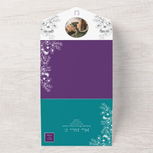 Turquoise Blauwgroen en Paarse bruiloft All In One Uitnodiging (Buitenkant)