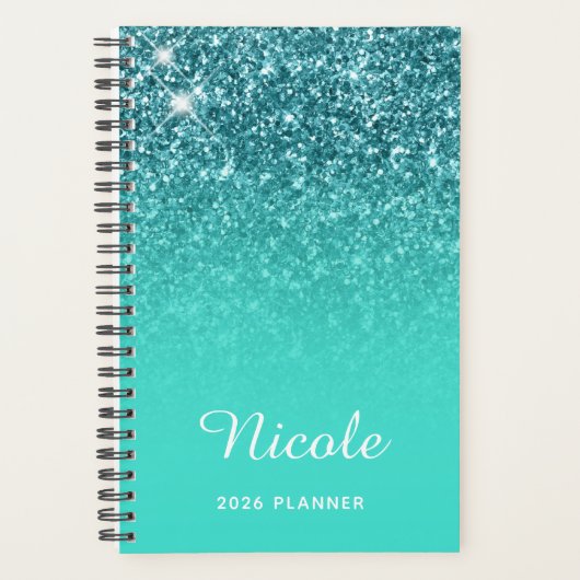 Turquoise Blauwgroen Glitter Ombre Personalized Planner (Voorkant)