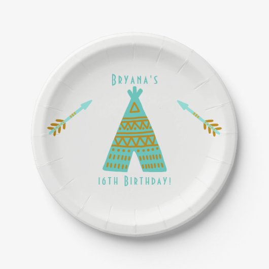 Turquoise Blauwgroen Gold Tepee Sweet 16 Birthday Papieren Bordje (Voorkant)