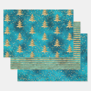 Turquoise Blauwgroen Gouden Sparkle Kerstboom Inpakpapier Vel
