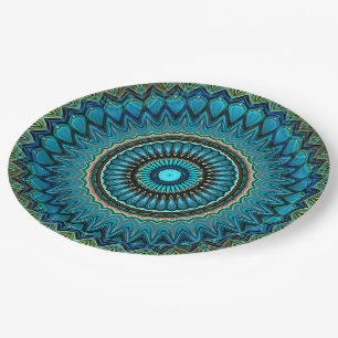 Turquoise Blauwgroen Green Mandala Round Star Patt Papieren Bordje