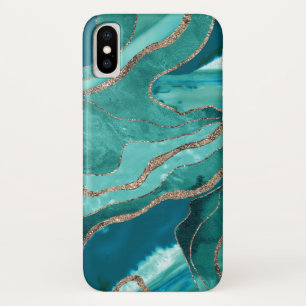 Turquoise Blauwgroen marmer Agate Gold Glitter Gla iPhone X Hoesje