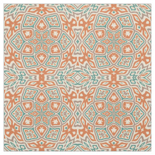 Turquoise Blauwgroen Oranje Retro Nouveau Deco Pat Stof