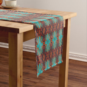 Turquoise Blauwgroen Oranje Rode Eclectische Etnis Korte Tafelloper