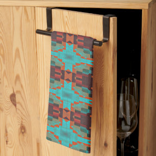 Turquoise Blauwgroen Oranje Rode Eclectische Etnis Theedoek