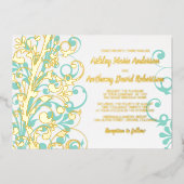 Turquoise Blauwgroen Real Gold Foil Floral Wedding Folie Uitnodiging (Voorkant)