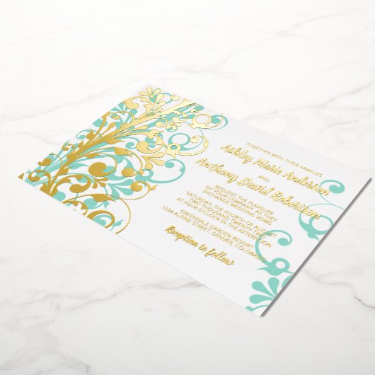 Turquoise Blauwgroen Real Gold Foil Floral Wedding Folie Uitnodiging (Gedraaid)
