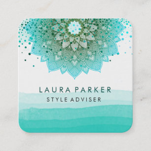 Turquoise Blauwgroen Waterverf Lotus Mandala Yoga Vierkante Visitekaartje