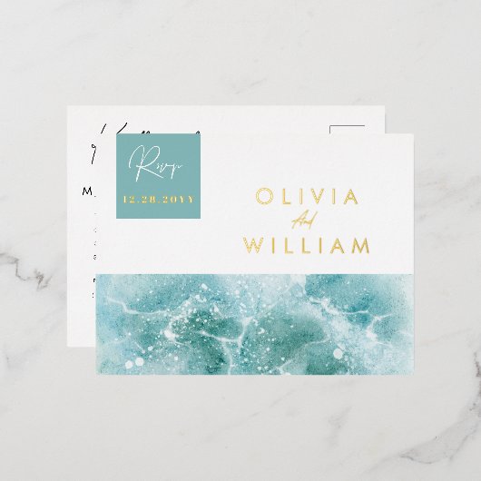 Turquoise Blauwgroen Waves Strand Bruiloft RSVP Br Folie Uitnodiging Briefkaart (Voorkant / Achterkant)
