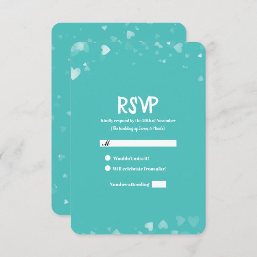 Turquoise Blauwgroen & White Hearts Wedding RSVP (Voorkant / Achterkant)