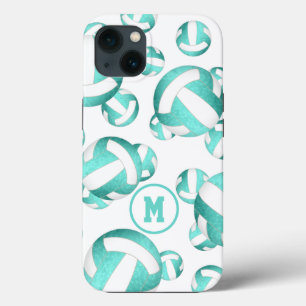 Turquoise blauwgroen witte volleyballpatroongesche iPhone 13 hoesje